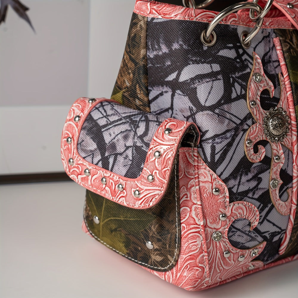 Western Style Camouflage Handbag, Concho Buckle Tooled Floral Country Studs Crossbody Women's Handbag, Backpack, Wallet Set, Ideal Christmas Gift