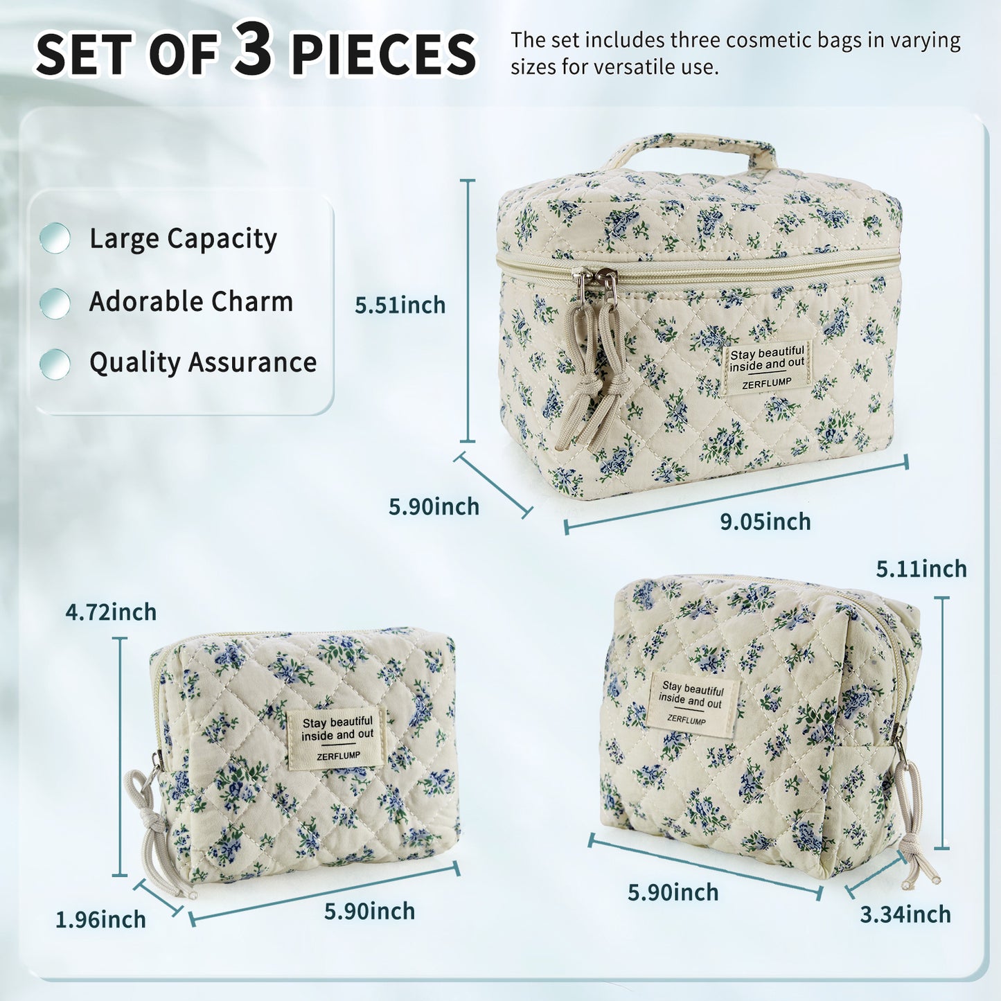 Cute Quilted Floral Makeup Bag (3Pcs)Coquette Aesthetic Cosmetic BagTravel Toiletry Bags Kawaii Aesthetic pouch for Women