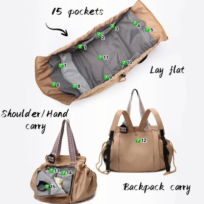 1 Large Capacity Multi-Pocket Bag, 13.8*12.6 Inches, Shape-Adjustable & Multi-Functional, Shoulder, Backpack, Handheld, or Luggage Trolley, for Travel, Fitness, Daily Use & Commuting