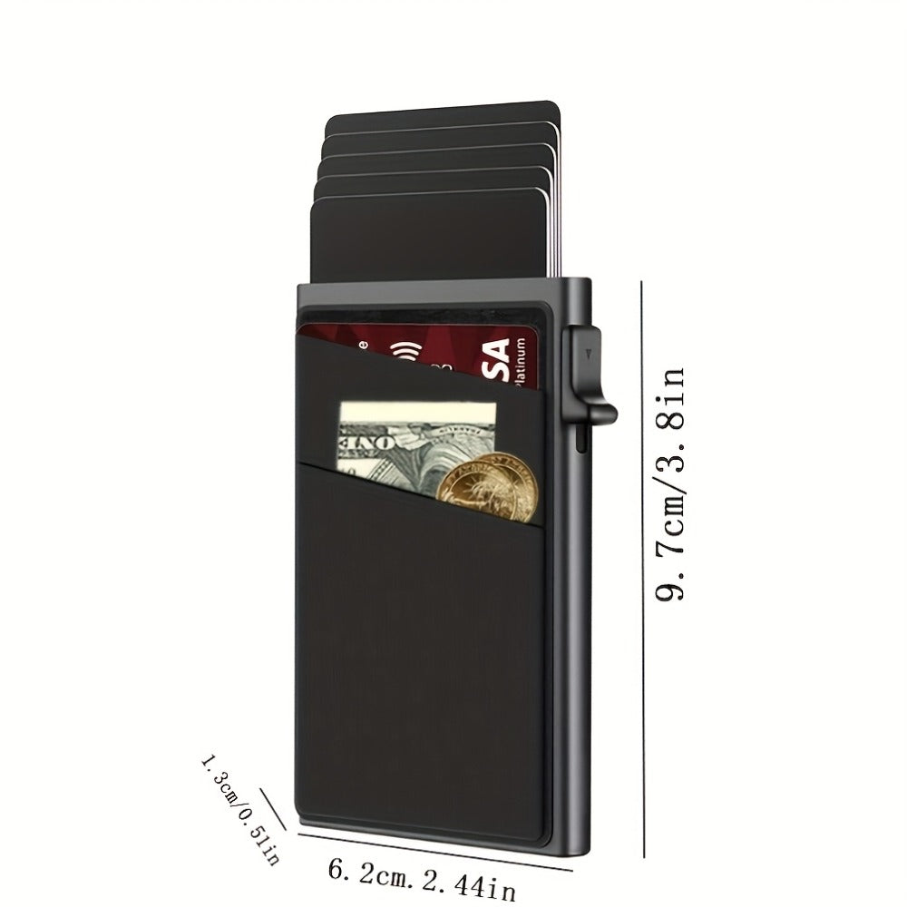 Slim Wallet for Men - Pop Up Card Holder RFID Blocking Minimalist Business Credit Card Wallet with Money Pocket Metal Card Case for Notes And Coins And Debit Cards