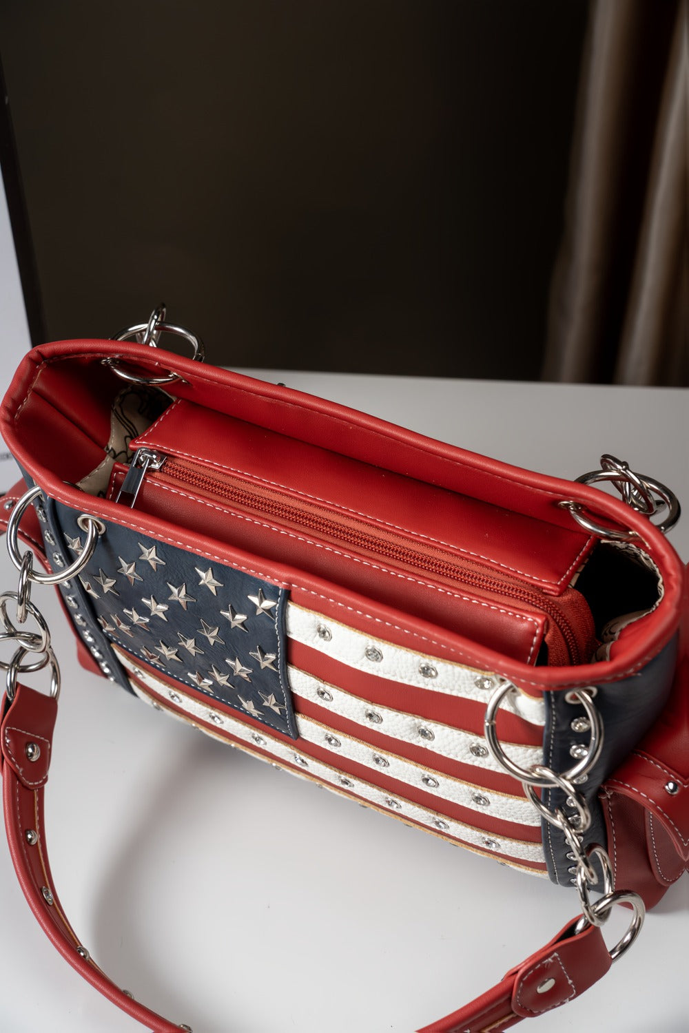 American Flag USA Stars And Stripes Patriotic Faux Leather Purse Women Rhinestone Country Handbag Wallet Set Red White And Blue