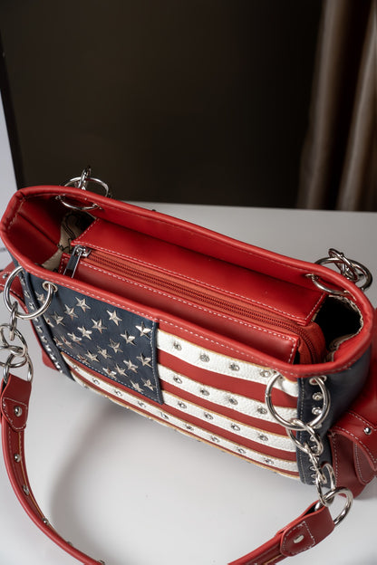 American Flag USA Stars And Stripes Patriotic Faux Leather Purse Women Rhinestone Country Handbag Wallet Set Red White And Blue