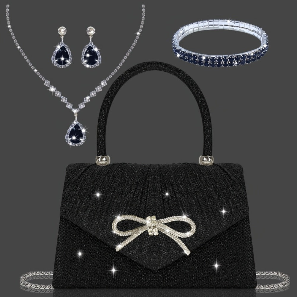[Elegant Sequin Clutch Set] Elegant Champagne Sequin Clutch with Rhinestone Bow - Matching Rhinestone Earrings, Necklace & Bracelet Set | Ideal Valentine's Day Gift for Women, Party Accessory | Detailed Closure