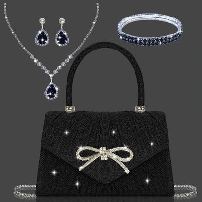 [Elegant Sequin Clutch Set] Elegant Champagne Sequin Clutch with Rhinestone Bow - Matching Rhinestone Earrings, Necklace & Bracelet Set | Ideal Valentine's Day Gift for Women, Party Accessory | Detailed Closure
