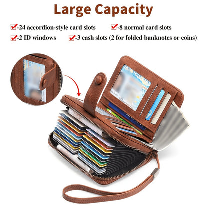 Ladies' Practical Card Bag, Credit Card Clip Wallet, RFID Shielded Large Capacity Double Fold Zipper Card Cover, With Detachable Wristband. This Card Bag Can Be Used As A Gift Or For Daily Use