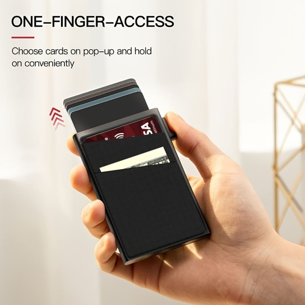 Slim Wallet for Men - Pop Up Card Holder RFID Blocking Minimalist Business Credit Card Wallet with Money Pocket Metal Card Case for Notes And Coins And Debit Cards