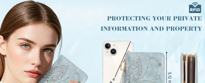Wallet Women RFID Blocking Small Wallets With Cash Clutch Compact Bifold With Zipper Coin Pocket Ladies Credit Card Holder Glittery Butterfly Travel Purse With Tassel GREEN Mom Gift Tote Essential Daily