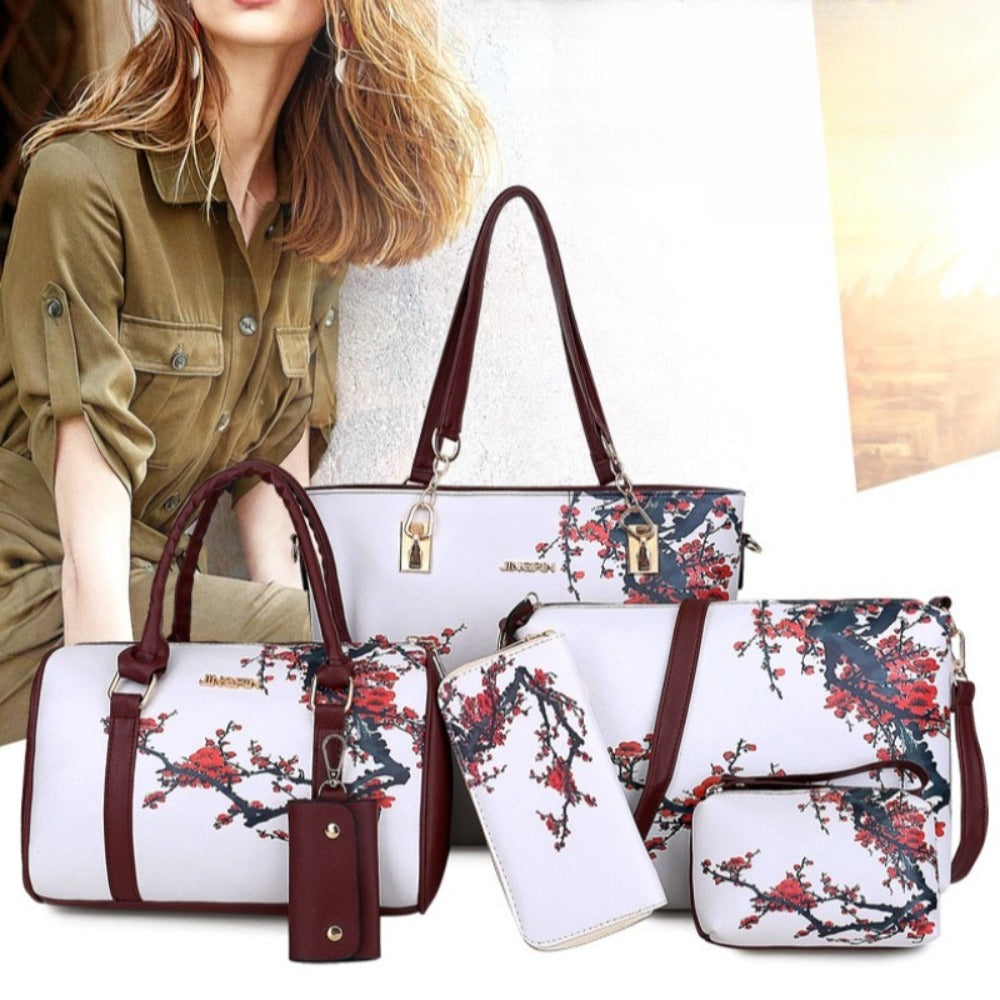 6pcs Women's Bag Set - Vintage Chinese Style Flower 6pcs Tote Bag Wallet Card Bag Crossbody Bag Shoulder Bag