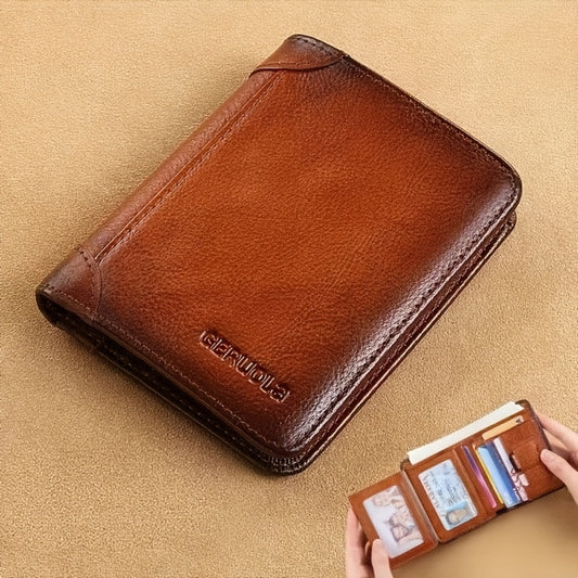 RFID Blocking Trifold Genuine Leather Wallets for Men, Top Layer Cowhide Vintage Short Multi Function Credit Card Holder, Money Clips with 2 ID Windows Give Gifts to Men Leather Wallet for Father's Day