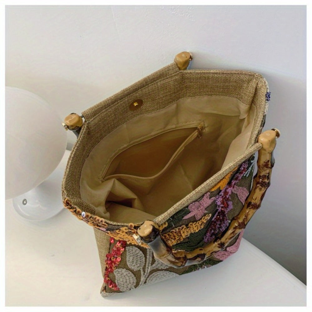 [Retro Bamboo Tote] Premium Retro Bamboo Tote Bag | Women's Hand Carry Heavy Industry Embroidery Color Sequins Tide Dinner Bag