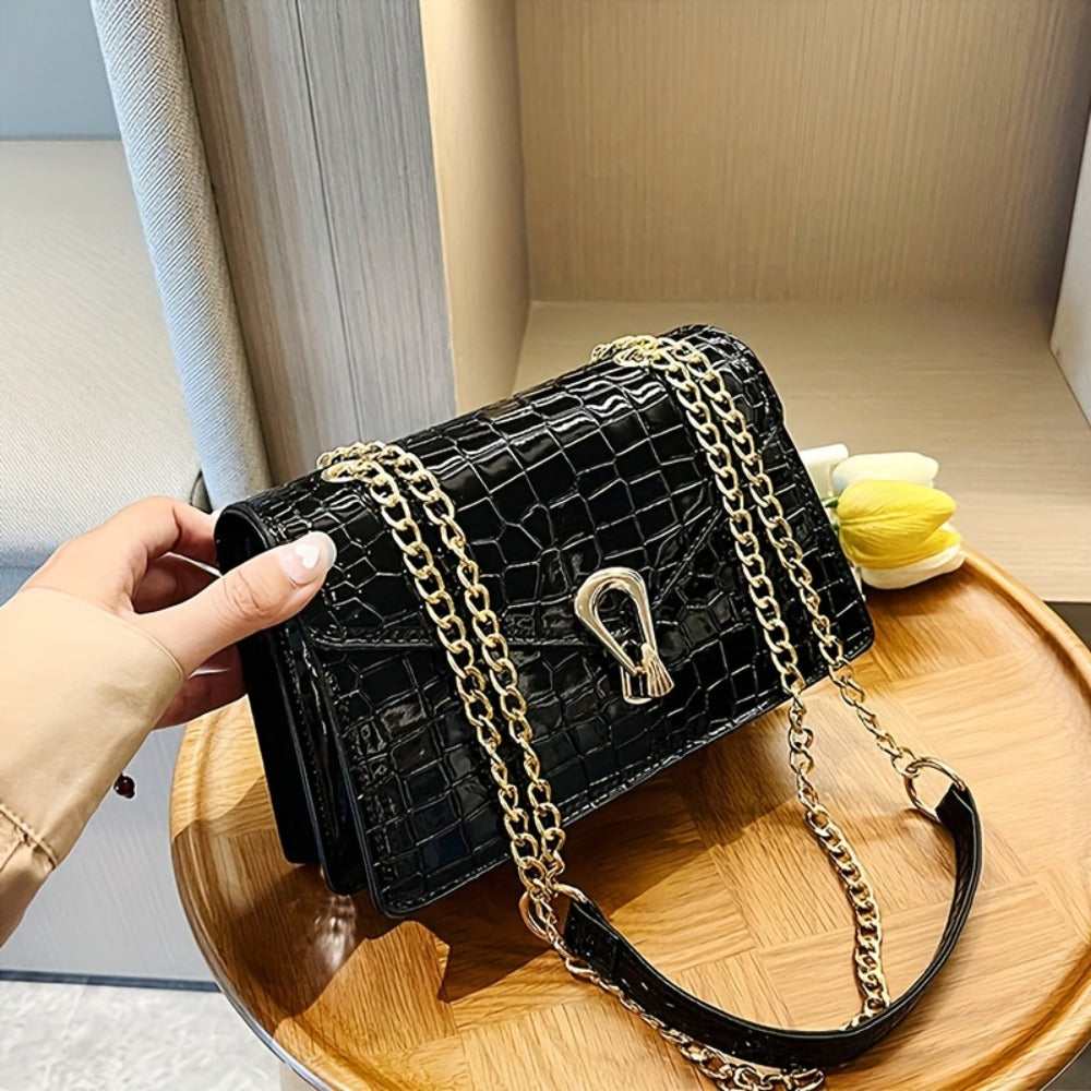 Pink Snake Print Crossbody BagFor Women, Stylish Women's Crocodile Pattern Handbag - Black Shoulder Bag With Detachable Strap Golden-Tone Hardware & Chain Strap, Crossbody Bag Purse Christmas Bags For Gifts Christmas Gift Bags