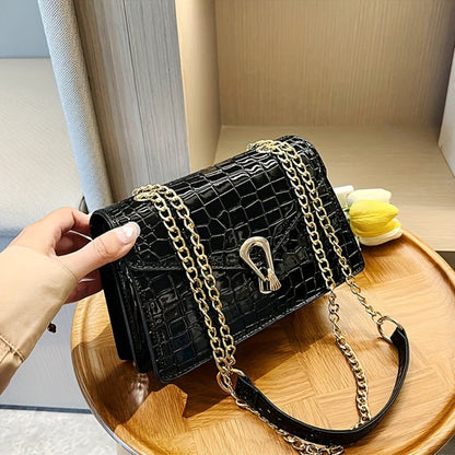 Pink Snake Print Crossbody BagFor Women, Stylish Women's Crocodile Pattern Handbag - Black Shoulder Bag With Detachable Strap Golden-Tone Hardware & Chain Strap, Crossbody Bag Purse Christmas Bags For Gifts Christmas Gift Bags