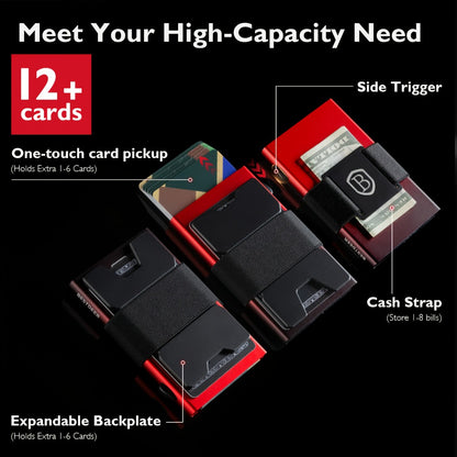 [RFID Blocking Wallet] Men's Ultra-Thin Card Holder Wallet, Durable Expandable Backplate, RFID Blocking Minimalist Pop Up Wallet Holds 12 Plus Cards And Cash, Black Red Gradient