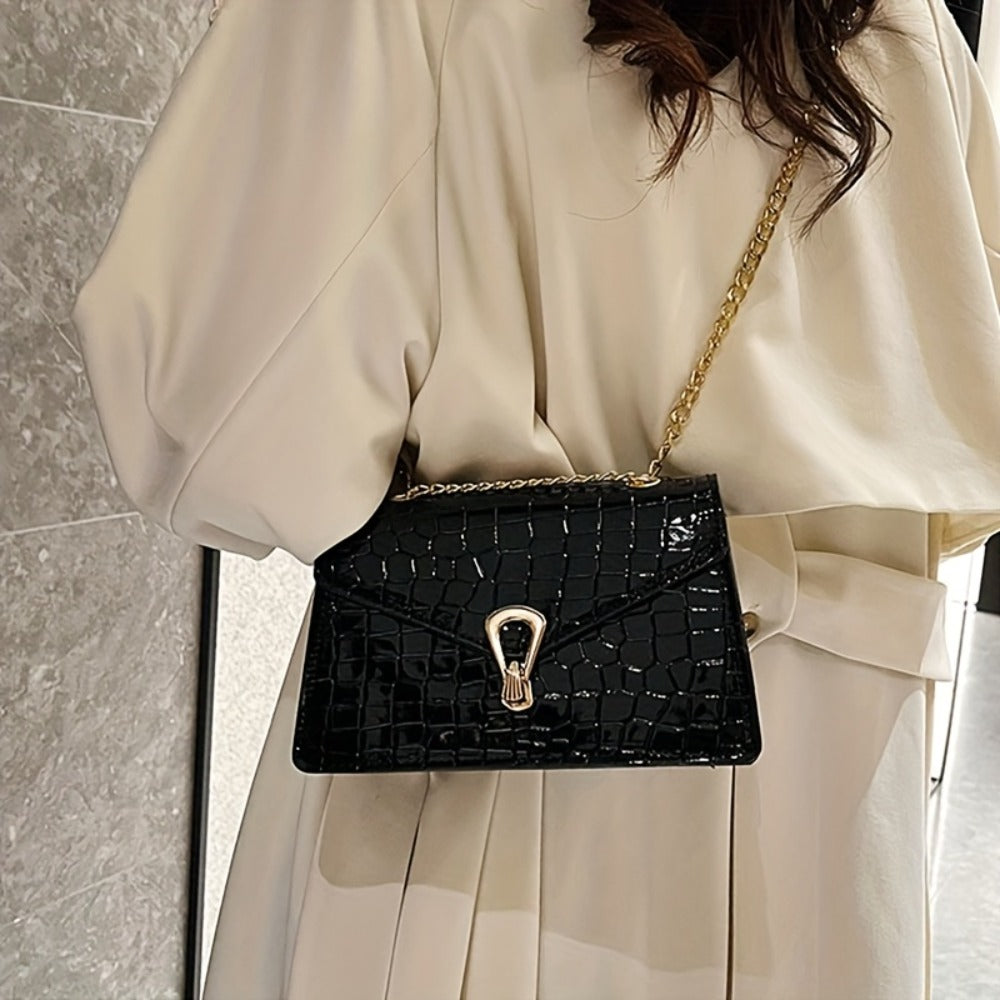 Pink Snake Print Crossbody BagFor Women, Stylish Women's Crocodile Pattern Handbag - Black Shoulder Bag With Detachable Strap Golden-Tone Hardware & Chain Strap, Crossbody Bag Purse Christmas Bags For Gifts Christmas Gift Bags