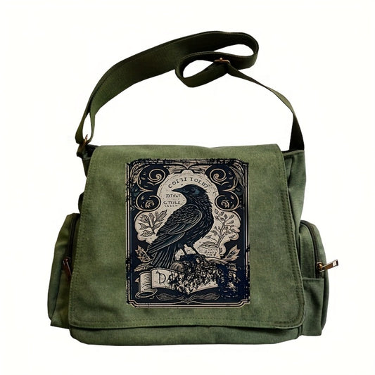 Large-Capacity Retro Crow Print Tote & Crossbody Bag Suitable for Men & Women, Adjustable Strap Shoulder Handbag with Crow, Zipper Closure Flip Tote, Messenger Bag for Travel,,, Gift