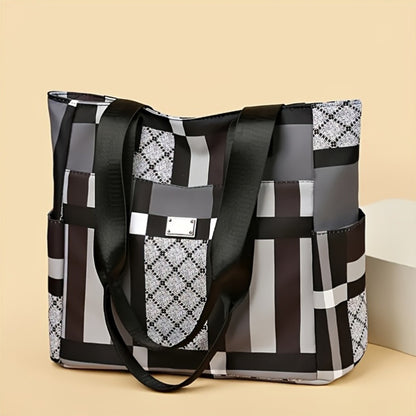 Fashionable Large-Capacity Geometric Handbag - Lightweight Nylon Shoulder Bag, Black, White And Grey Checkered Patterns, Foldable And Multi-Functional, Suitable for Daily Use, Casual Handbag | Modern Casual Bag | Foldable Handbag