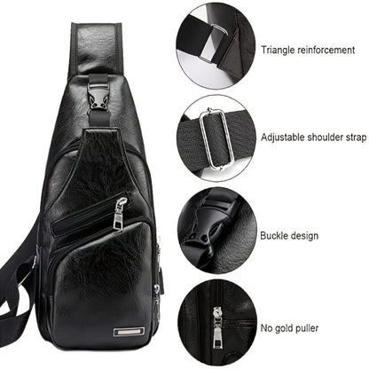Faux Leather Sling Chest Bag, Lightweight Crossbody Bags for Men Women, Mini Sash Bag with USB Charging Port, One Strap Backpack for Travel Outdoor Camping (Light Brown/Black)