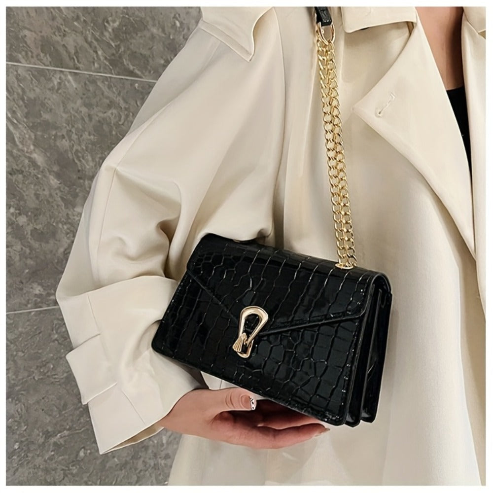 Pink Snake Print Crossbody BagFor Women, Stylish Women's Crocodile Pattern Handbag - Black Shoulder Bag With Detachable Strap Golden-Tone Hardware & Chain Strap, Crossbody Bag Purse Christmas Bags For Gifts Christmas Gift Bags