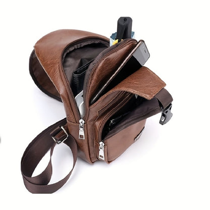 Faux Leather Sling Chest Bag, Lightweight Crossbody Bags for Men Women, Mini Sash Bag with USB Charging Port, One Strap Backpack for Travel Outdoor Camping (Light Brown/Black)