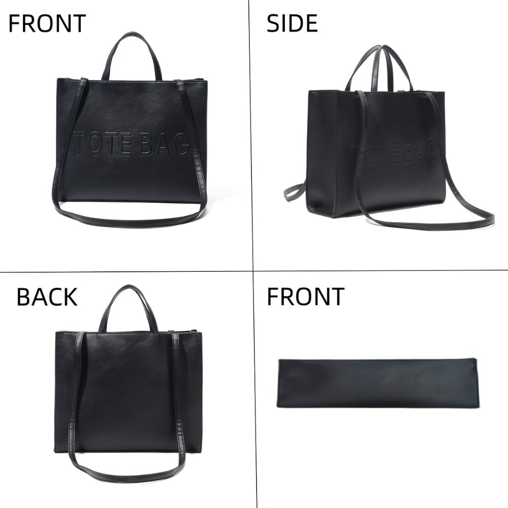 RAGSTO Women's Fashion Large Black Tote Bag, Embossed with "TOTE BAG" Lettering, High-Capacity Women's Shoulder/Underarm Bag, Work Bag, Lightweight and Durable Crossbody Handbag, Fixed Shoulder Strap, Ideal for Travel, Shopping, and Work
