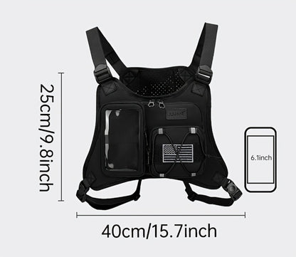 Men' & Women' Running Vest Bag with Built-in Phone Holder & Chest Pack - Hands-Free Workout Carrier Suitable for Cycling, Hiking, Travel, Motorcycle Accessories, Zipper Closure, Phone Mount for Smartphones, Outdoor Sports Gear