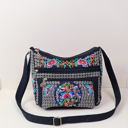 Retro Bohemian Flower Pattern Shoulder Bag, Classic Retro Zipper Crossbody Bag, Birthday Gift for Mom