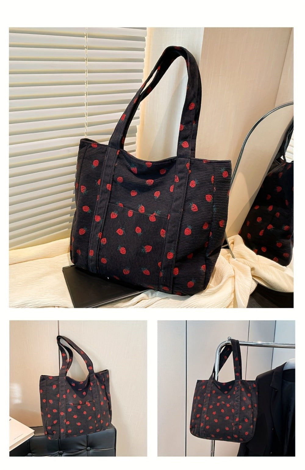 Women' Large Capacity Corduroy Tote Bag with Strawberry Pattern - /// Casual Handbag, Zipper Closure & - Corduroy Shoulder Bag for, Travel, Shopping