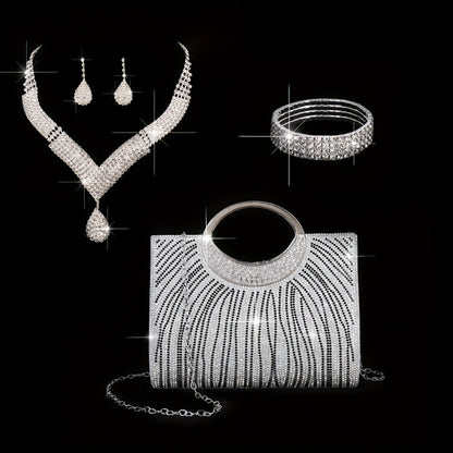 4-Item Collection: Trendy Women'S Evening Purse, Glossy Striped Tote, Bridal Party Clutch, Night Out Bag, Dress Purse, Shoulder Tote, Wedding Season Dazzling Jewelry Set Including Necklace, Earrings, And Bracelet