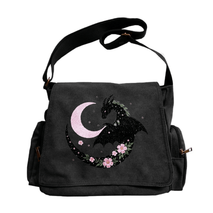 Large-capacity Flip-top Retro Tote Messenger Bag | Black Dragon Surrounded by Pink Moon with Cherry Blossom Pattern, Suitable for Daily Travel and Dating, Ideal Gift Choice, Material