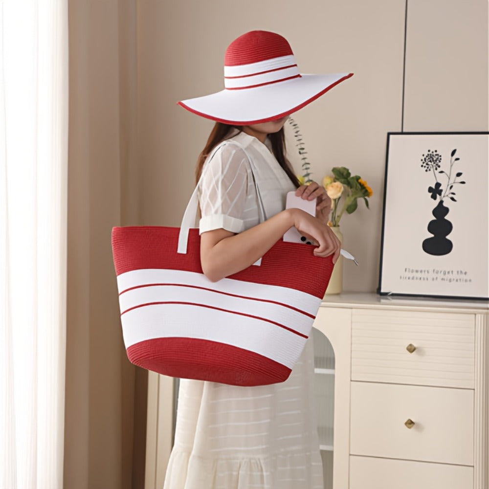 2026 Summer Travel Set: 2pcs Wide Brim Straw Hat And Large Capacity Beach Bag with Zipper Closure, Perfect for Summer Outdoor Adventures, Camping, And Beach Vacation, Game Day Essentials for All Football Fans