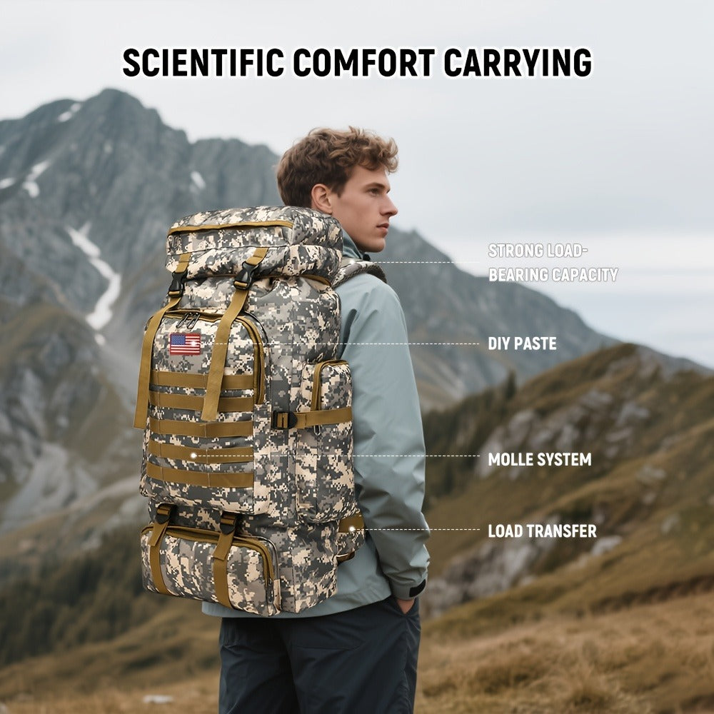 Men's Backpack for Mountain Climbing, Heavy Duty Double-Shoulder Travel Bag with Removable National Flag Patch Accessory