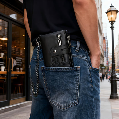Men's Wallet with Chain, Leather Short Wallet, RFID Shielding Card Clip, Double Zipper Change Bag, Anti-theft Wallet, Ideal Gift for Men