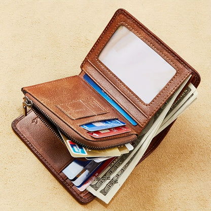 1pc Men'S Vintage Short Genuine Leather Wallet Multi Function Purse RFID Blocking Zipper ID Credit Card Holder Money Bag
