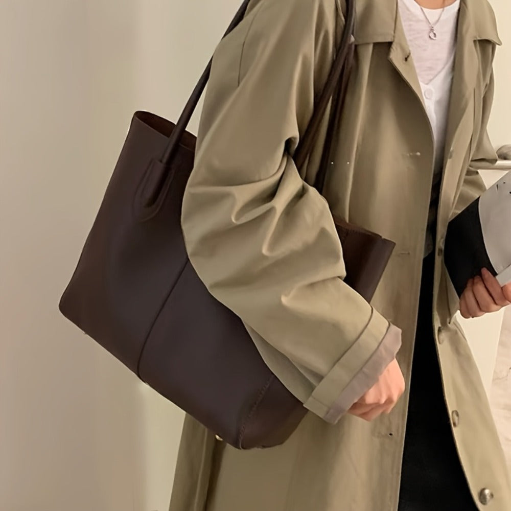 Women's Large Capacity Tote Bag - Work Bag with Kiss Lock Closure, Spacious Designer Handbag for Women, Office, Travel, Everyday Use - Coffee Brown, Elegant Minimalist Shoulder Purse, Ladies Handbags, Sturdy Handles