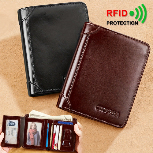 Men's Genuine Leather Wallet, RFID Blocking Protection Slim Short Top Layer Cowhide Wallet, Multifunction Trifold Wallet, Vintage Oil Wax Credit Card Wallet, Gifts for Men