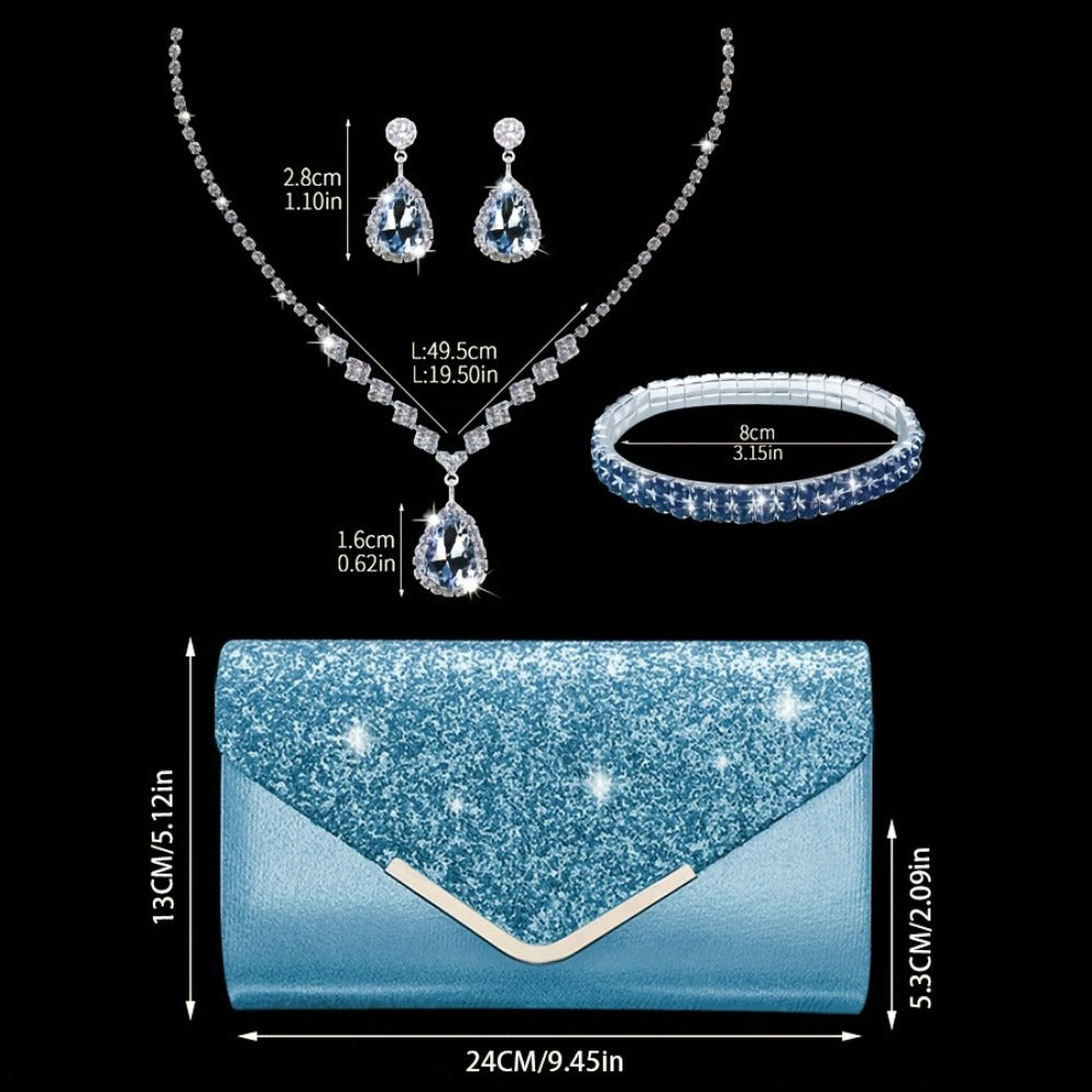 Glamorous Sequin Evening Purse for Parties, Sophisticated Clutch for Weddings, Featuring a Sparkling Rhinestone Pendant Jewelry Set That Includes a Necklace, Earrings, And Bracelet, Perfect for Brides And Women Attending Events, Dinners
