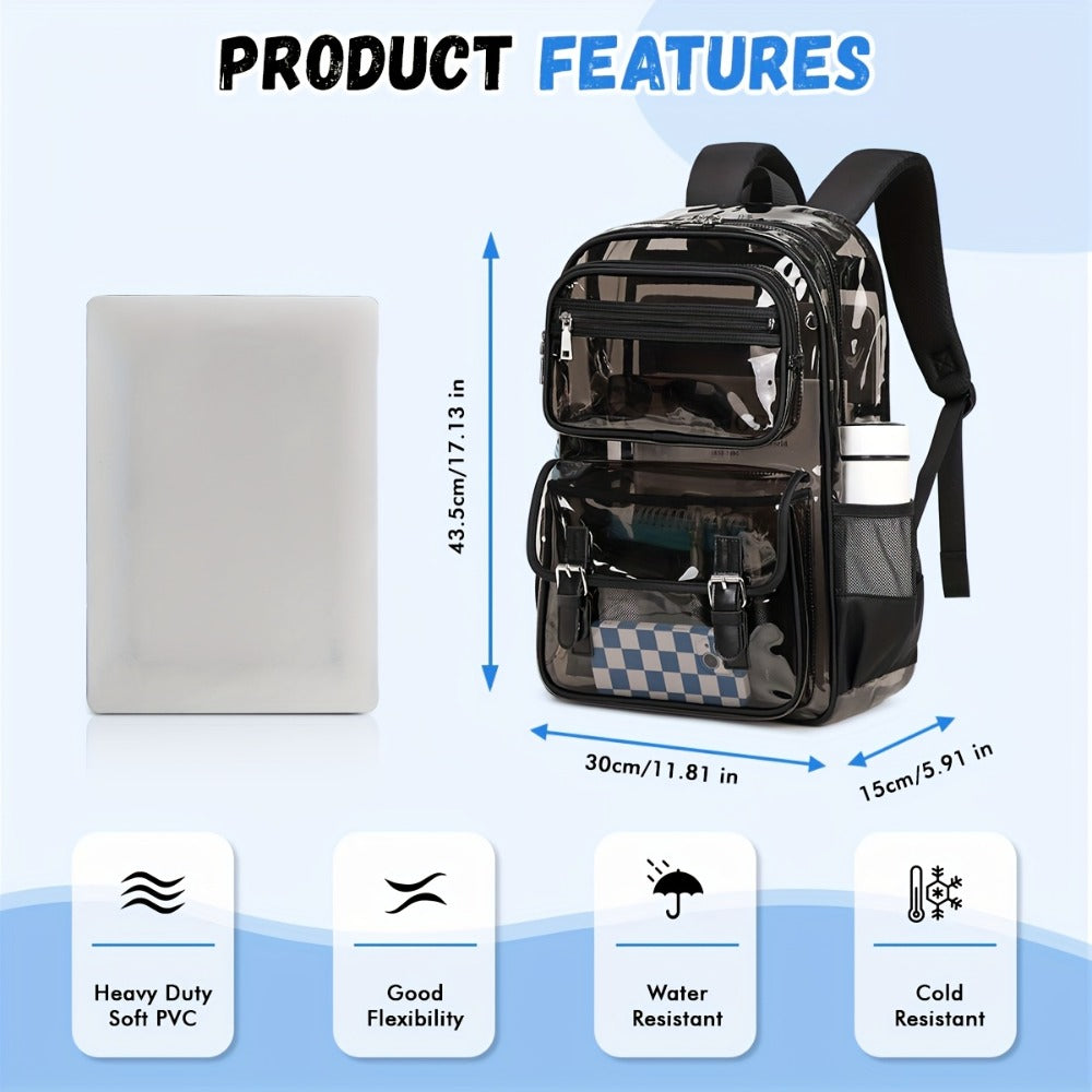Women's PVC Transparent School Backpack with Large Capacity Multi-Pocket Bookbag, Adjustable Shoulder Straps & Transparent Panels Suitable for School, College, Office, Computer Bag, Laptop Carrier, Zipper Closure