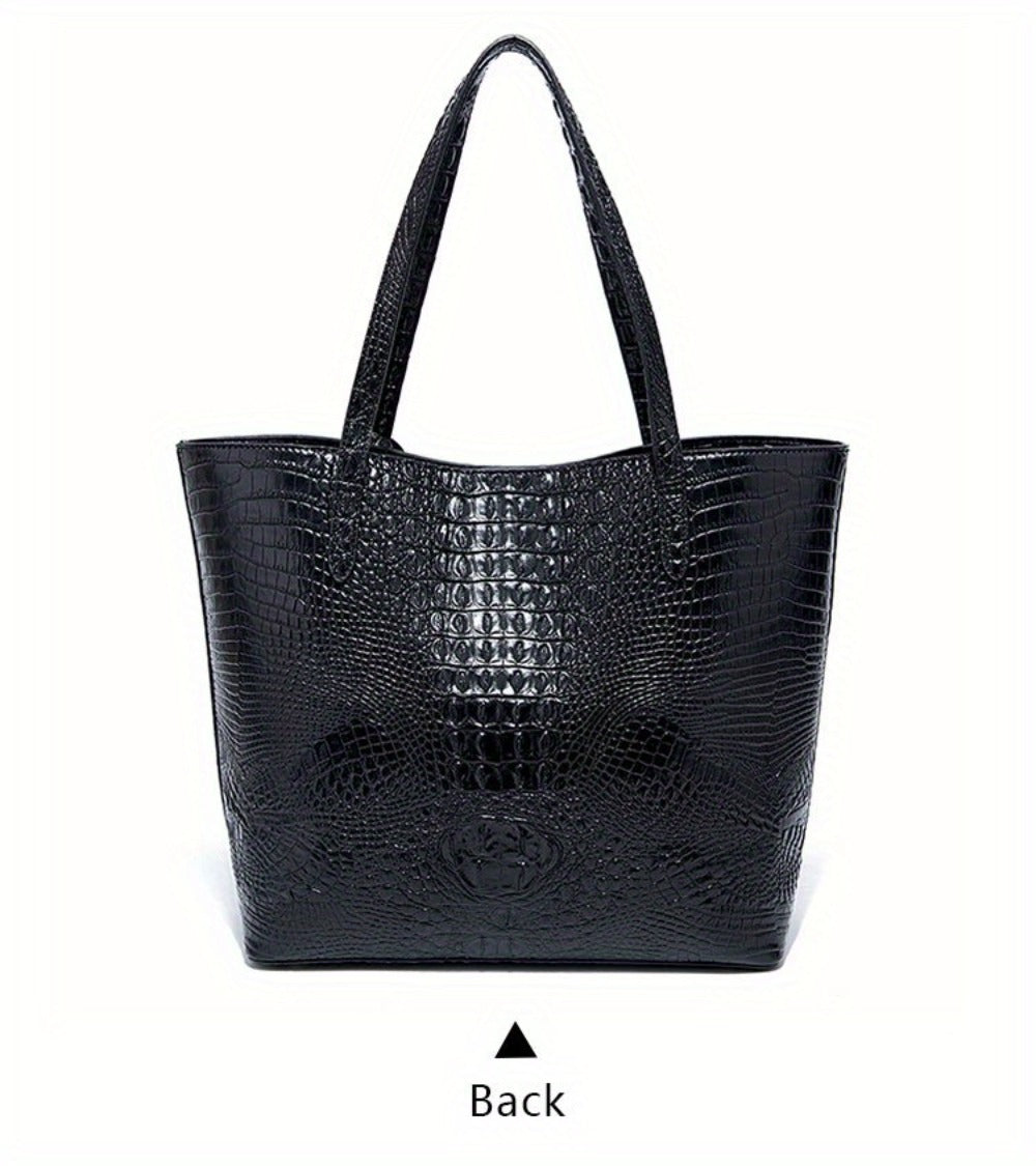 Stylish Two-Part Tote Bag Featuring a Crocodile Design And Elegant Metal Details, Offering Ample Storage for Versatile Carrying Options, Ideal for Various Occasions