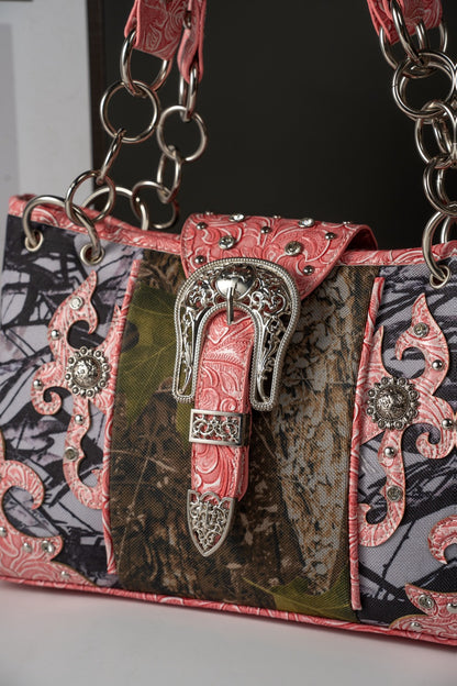 Western Style Camouflage Handbag, Concho Buckle Tooled Floral Country Studs Crossbody Women's Handbag, Backpack, Wallet Set, Ideal Christmas Gift