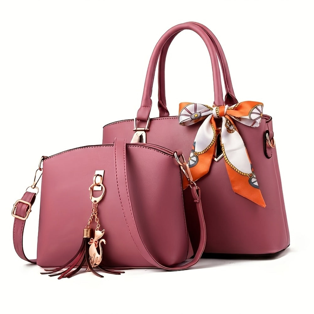 2pcs Ladies' Fashionable And Versatile Bag, Large Capacity Casual Handbag, Simple Single Shoulder Crossbody Bag, Cat Pendant Tassel Bag, Exquisite Y Scarfs, Suitable for Gifting Girlfriends, Wives, Parents for Best Birthday Gifts