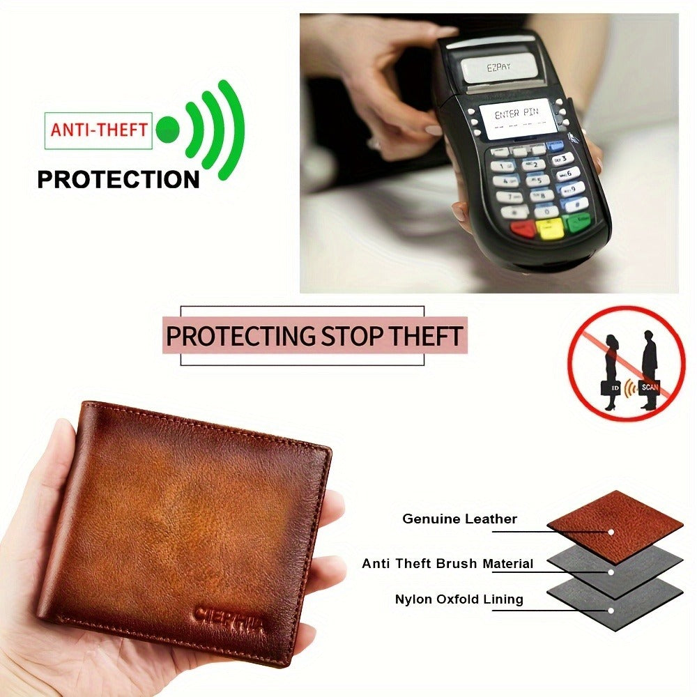 Men's Genuine Leather Anti Theft Brush Wallet Retro Bifold Short Multifunction ID Credit Card Holder With 2 ID Wallets