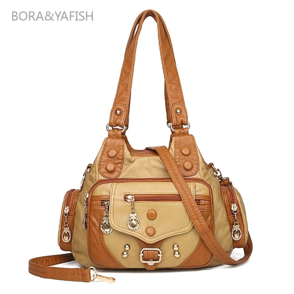 Women'S Colorblock Studded Washed PU Soft Handbag | Large Capacity Multi-Layer Top Handle Shoulder Crossbody Bag, Zipper Closure, Lining, Solid Color Pattern