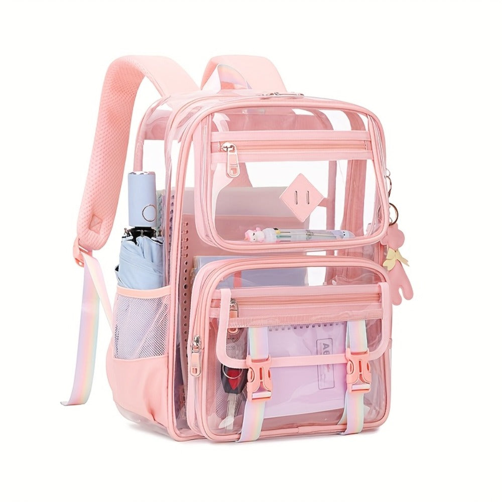 Transparent Backpack Casual Large Capacity Multi-Pocket Clear Bag Women's Shoulder Bag PVC Transparent Student Office Laptop Bag