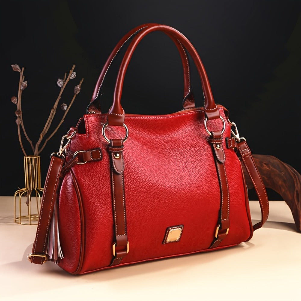 Vintage Retro Women's Crossbody Bag with Adjustable Shoulder Strap & Top Handle - Boston Purse in Red/Black, Golden-Tone Hardware, Zipper Closure, Tassel Detail & Polyester Lining for Casual Everyday Use, Crossbody Purse, Sophisticated Accessory