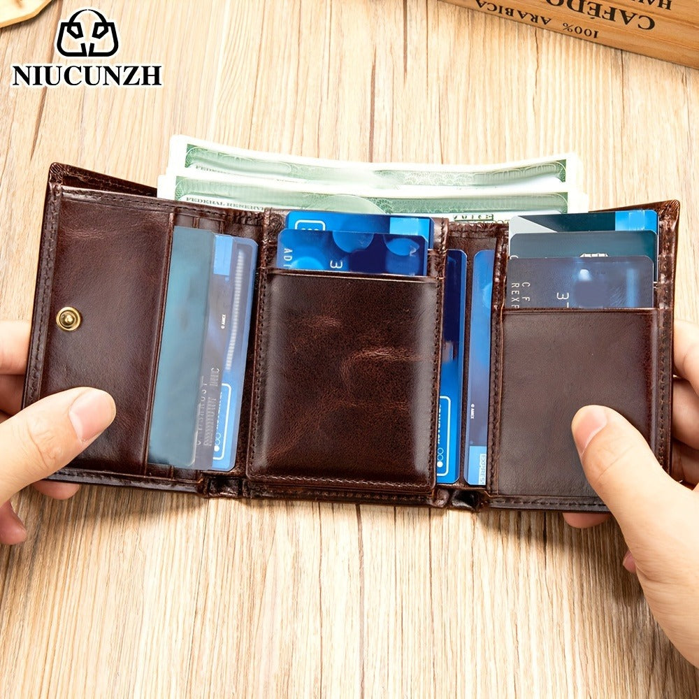[Leather Tri-fold Wallet] Valentine's Day Gift, Genuine Leather Tri-fold Wallet - Anti-theft Brush Shield, Coin Pocket for Men
