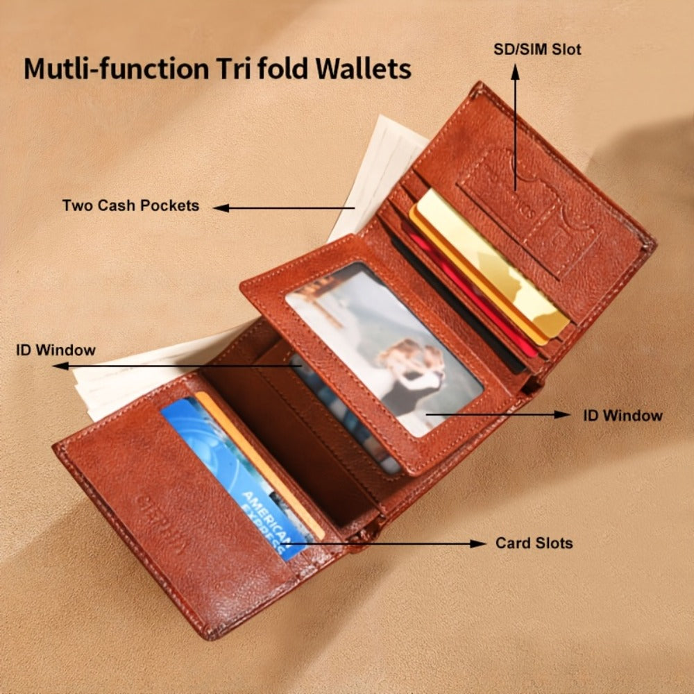 Men's Top-Grain Cowhide Wallet with 3 ID Windows Display, RFID Blocking Protection Vintage Wallets for Man Multi Functional Credit Card Holder Money Clips Perfect Holiday Gift for Him
