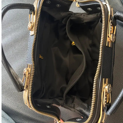Black Quilted Boston Bag with Golden Hardware and Adjustable Strap- Elegant Heart-Shaped Rhinestone Accessories, Pattern Design, and Fashionable Rivet Details