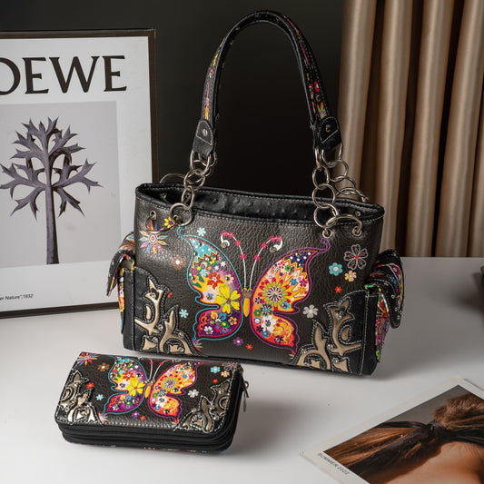 Butterfly Flower Western Hidden Spring Handbag, Country Tote Bag, Women's Shoulder Bag and Wallet Set, Ideal Christmas Gift