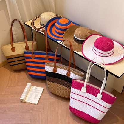 Casual Straw-Woven Women'S Tote Bag And Straw Hat Two-Piece Set, Wide-Brimmed Sun Hat And Large-Capacity Tote Bag, Beach Sun Protection Straw Bag Set, Fashionable Seaside Vacation Straw Two-Piece Set