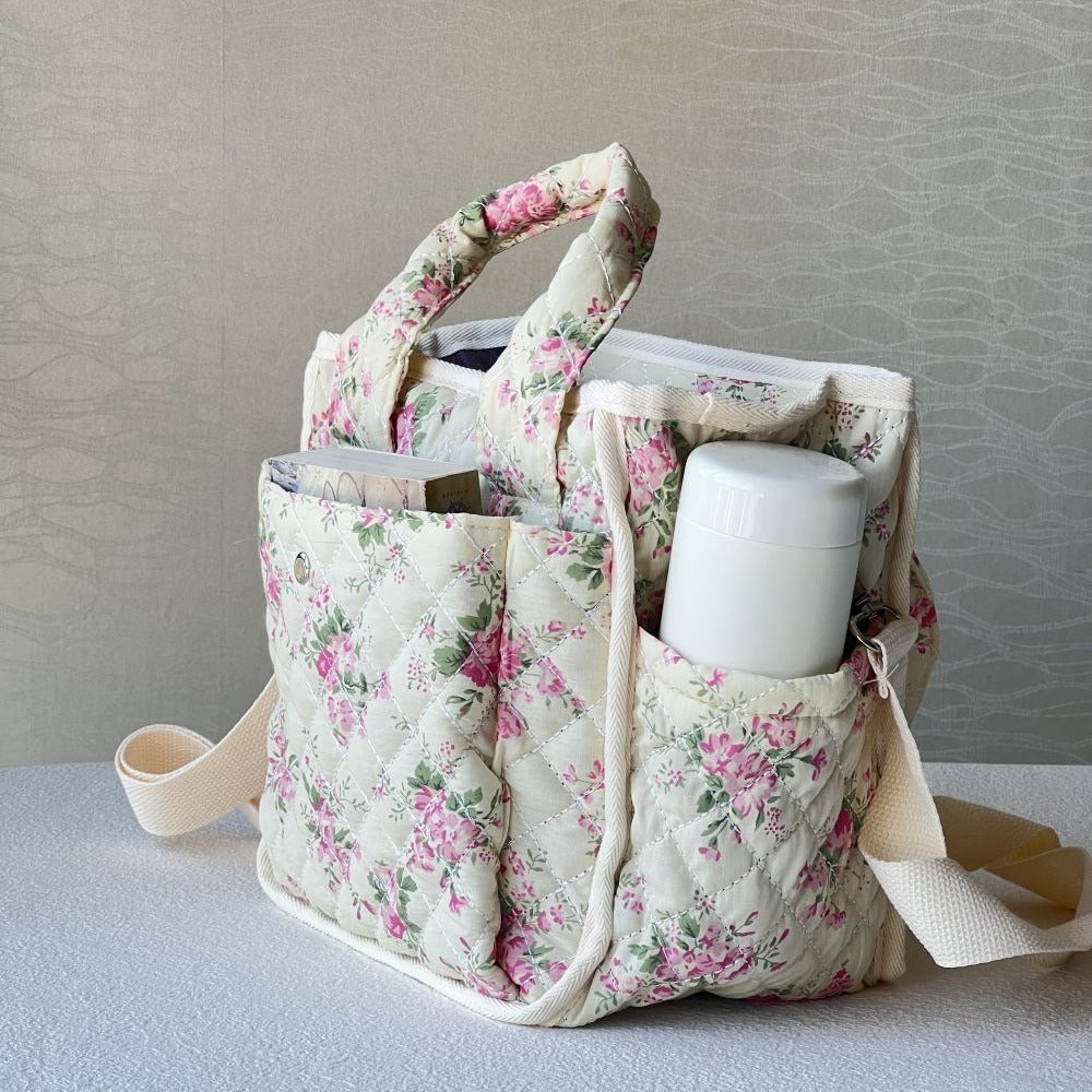 Floral Quilted Tote Bag for Women, Cute Crossbody Shoulder Purse with Pockets, Everyday Handbags